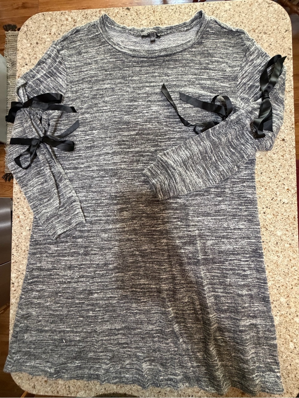 Luxology Gray Marled Knit Top with Black Ribbon Sleeve Bows